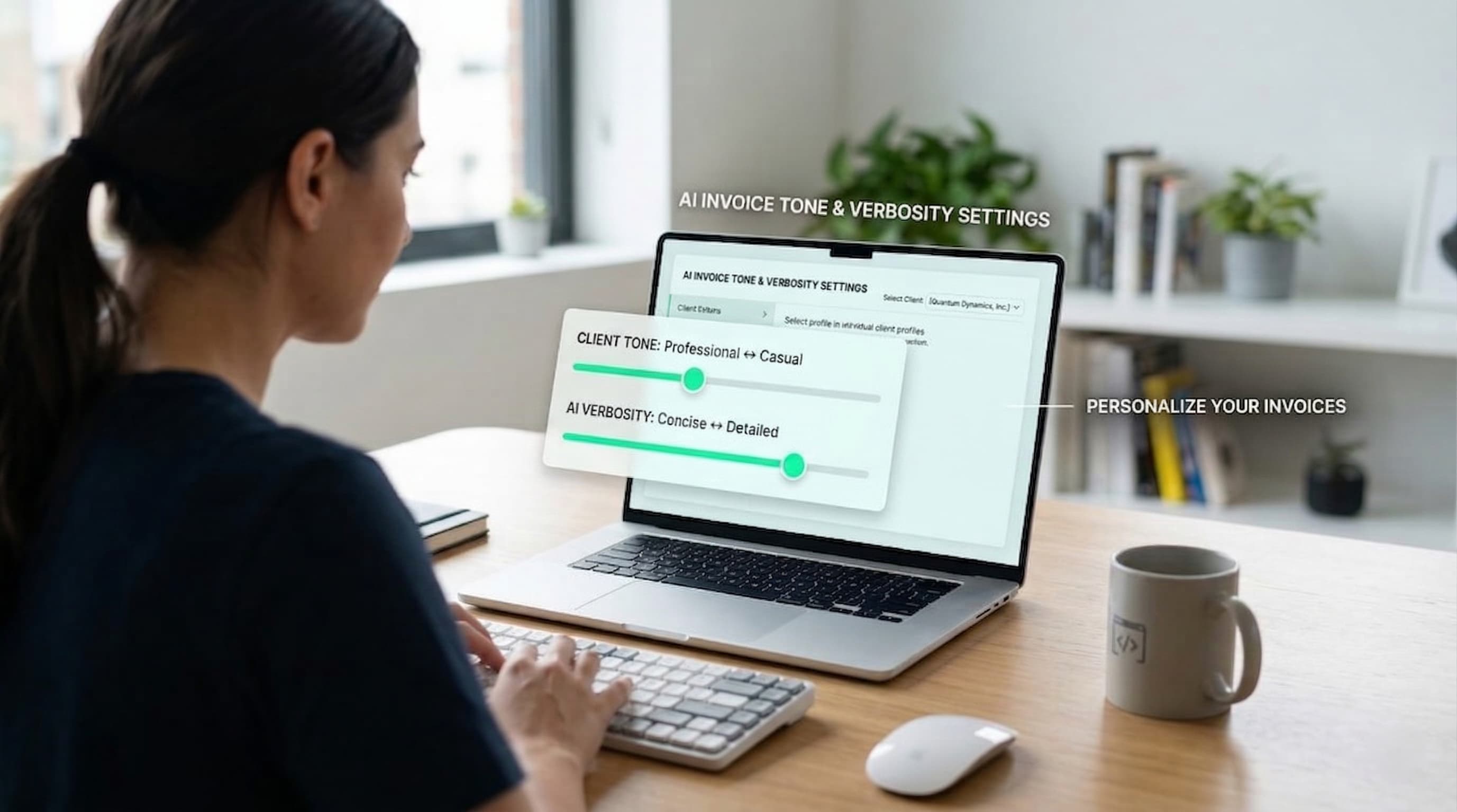 A clean visual showing the per-client tone and verbosity control sliders in the settings interface, demonstrating how users can customize the AI output.