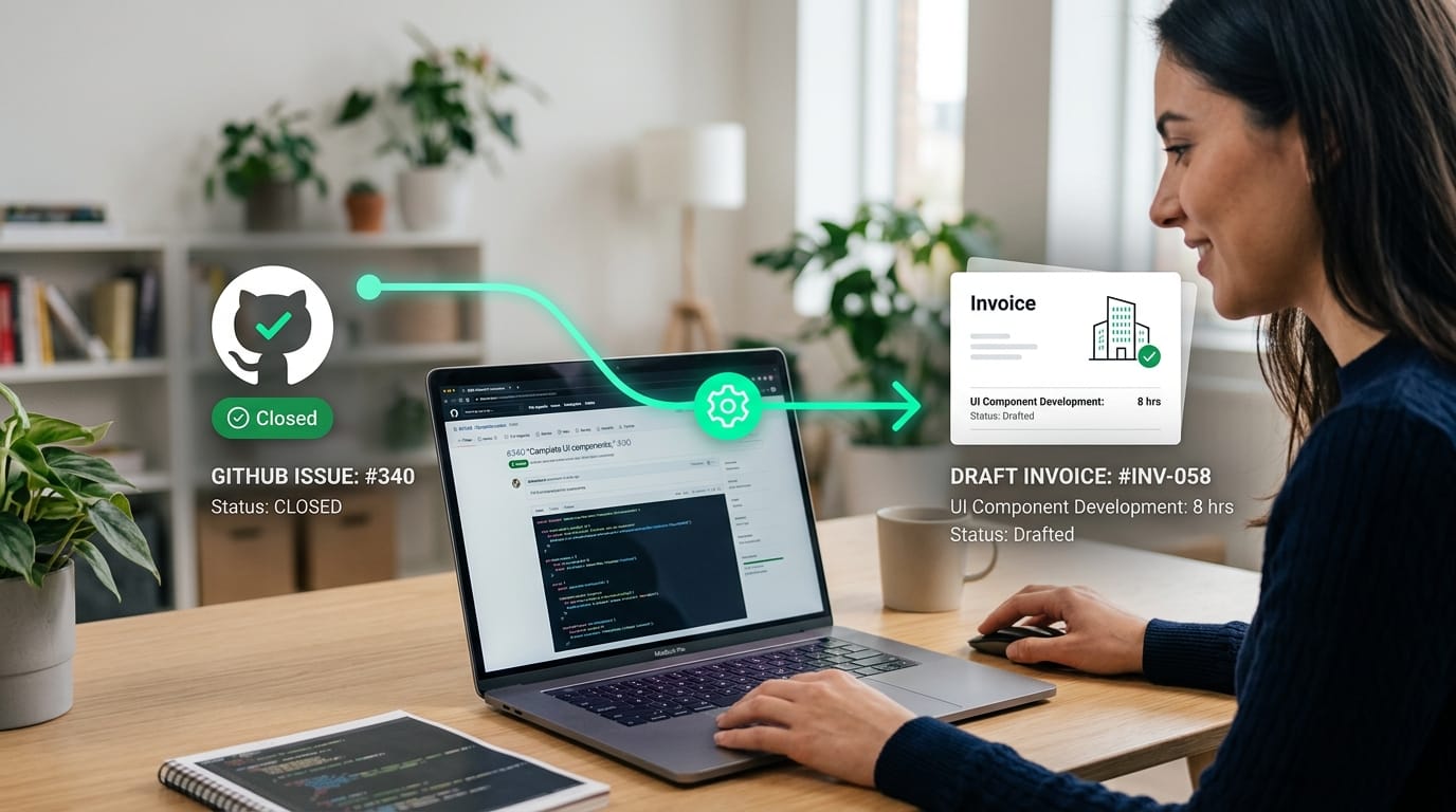 A simple flowchart diagram showing a GitHub issue status changing to 'Closed' and a line drawing connecting it to a drafted invoice line item.