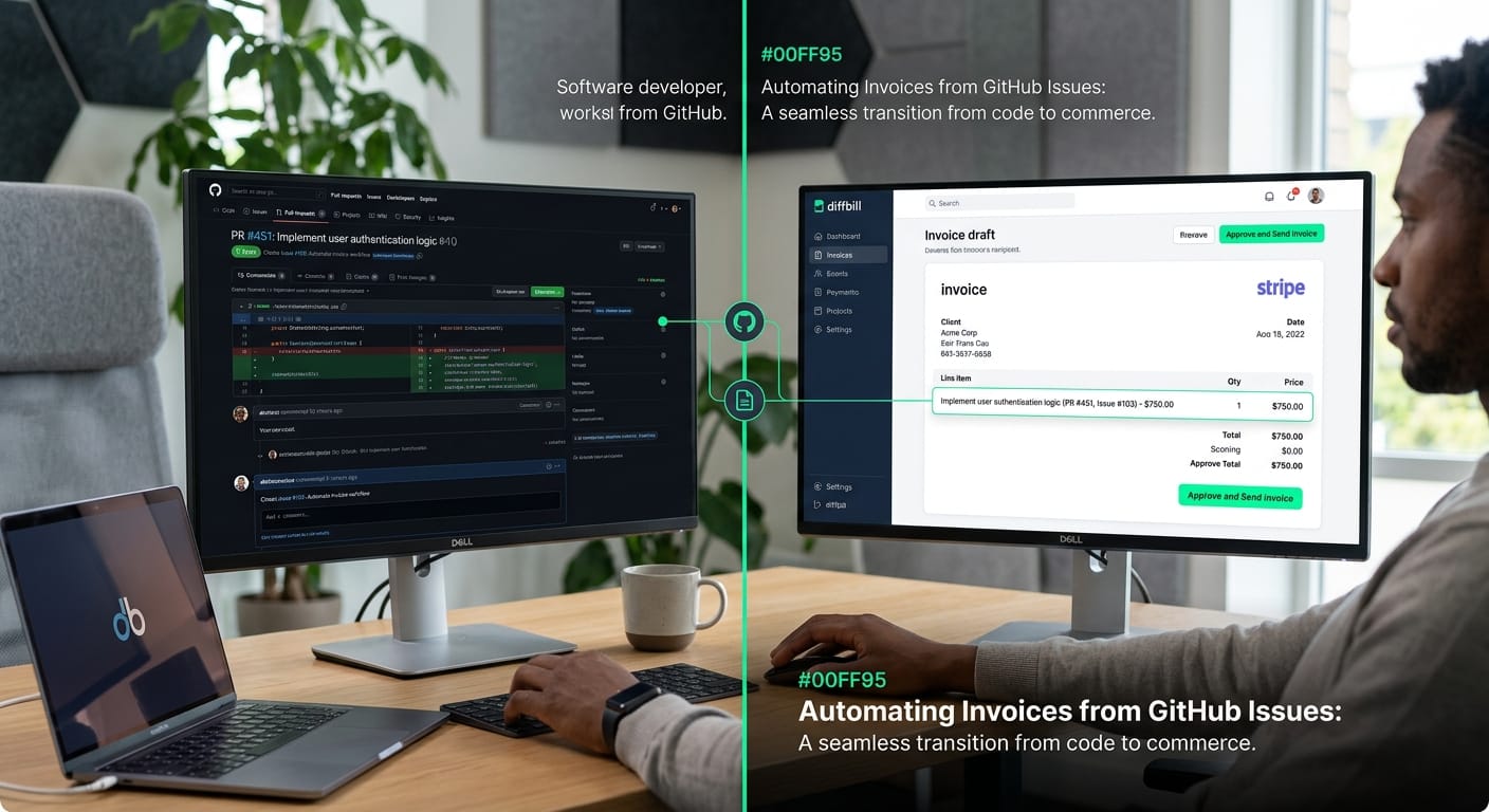 The diffbill dashboard highlighting a split view: a highly technical GitHub pull request on the left, and its clean, professional AI-generated line item on a Stripe invoice draft on the right.