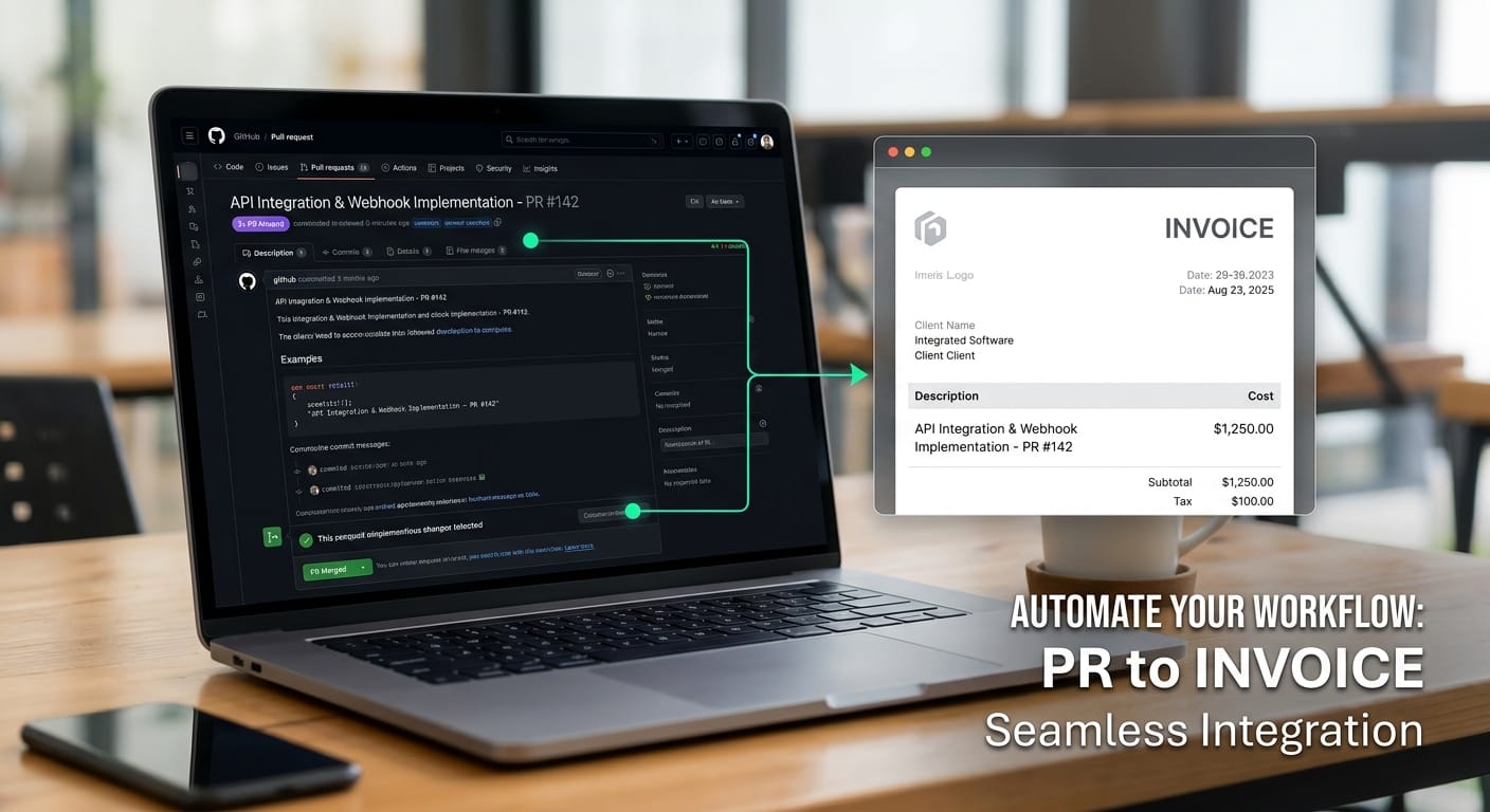 A dashboard split-screen showing a highly technical GitHub pull request description elegantly transforming into a polished, professional invoice line item.