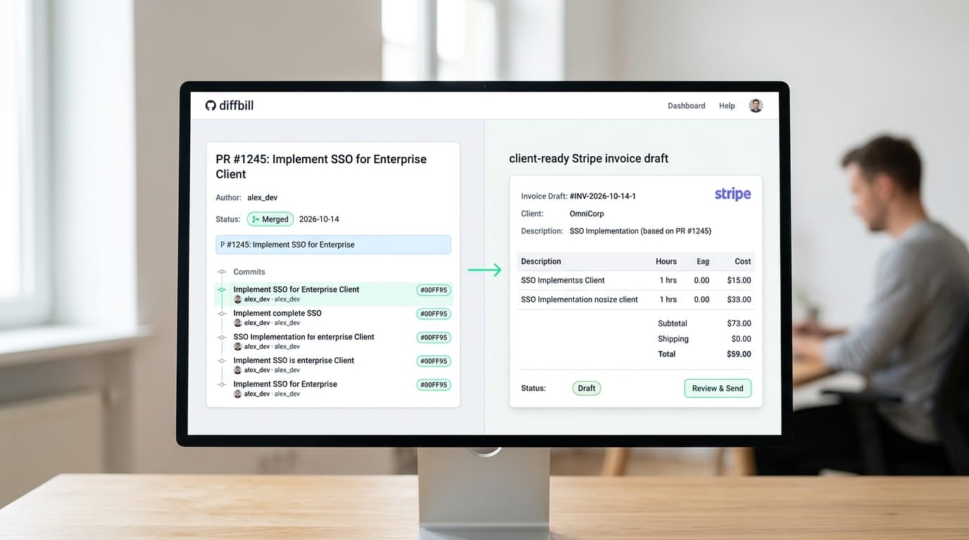 A dashboard screenshot of diffbill showing a successfully merged GitHub PR on the left automatically translating into a clean, client-ready Stripe invoice draft on the right.