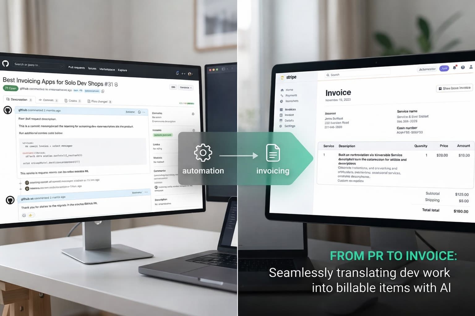 A clean split-screen visual showing a raw GitHub pull request description on the left and the beautifully formatted, AI-translated Stripe invoice line item on the right.