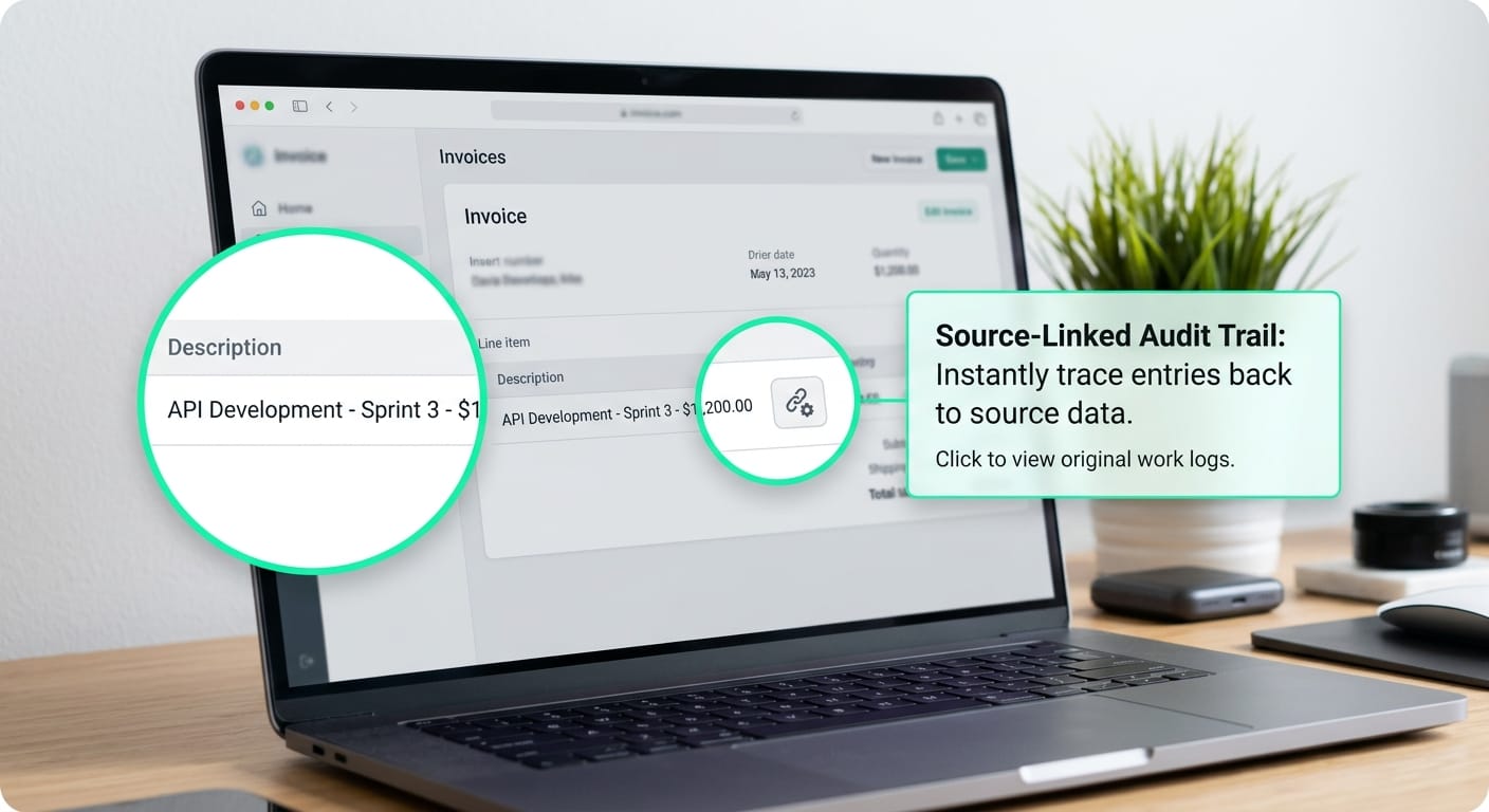 A zoomed-in interface snippet highlighting a 'source-linked audit trail' button attached to a specific invoice line item.