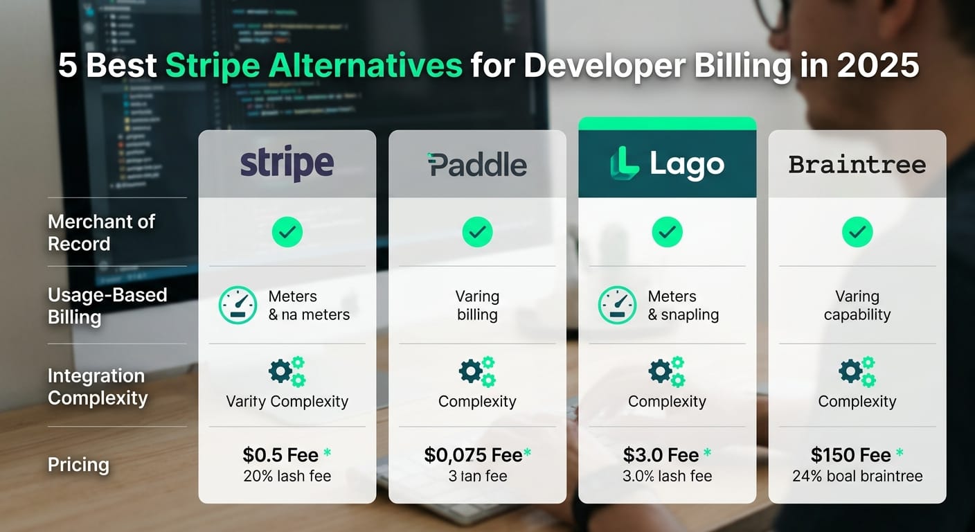 A clean, multi-column comparison chart displaying the logos of Stripe, Paddle, Lago, and Braintree alongside key developer features.