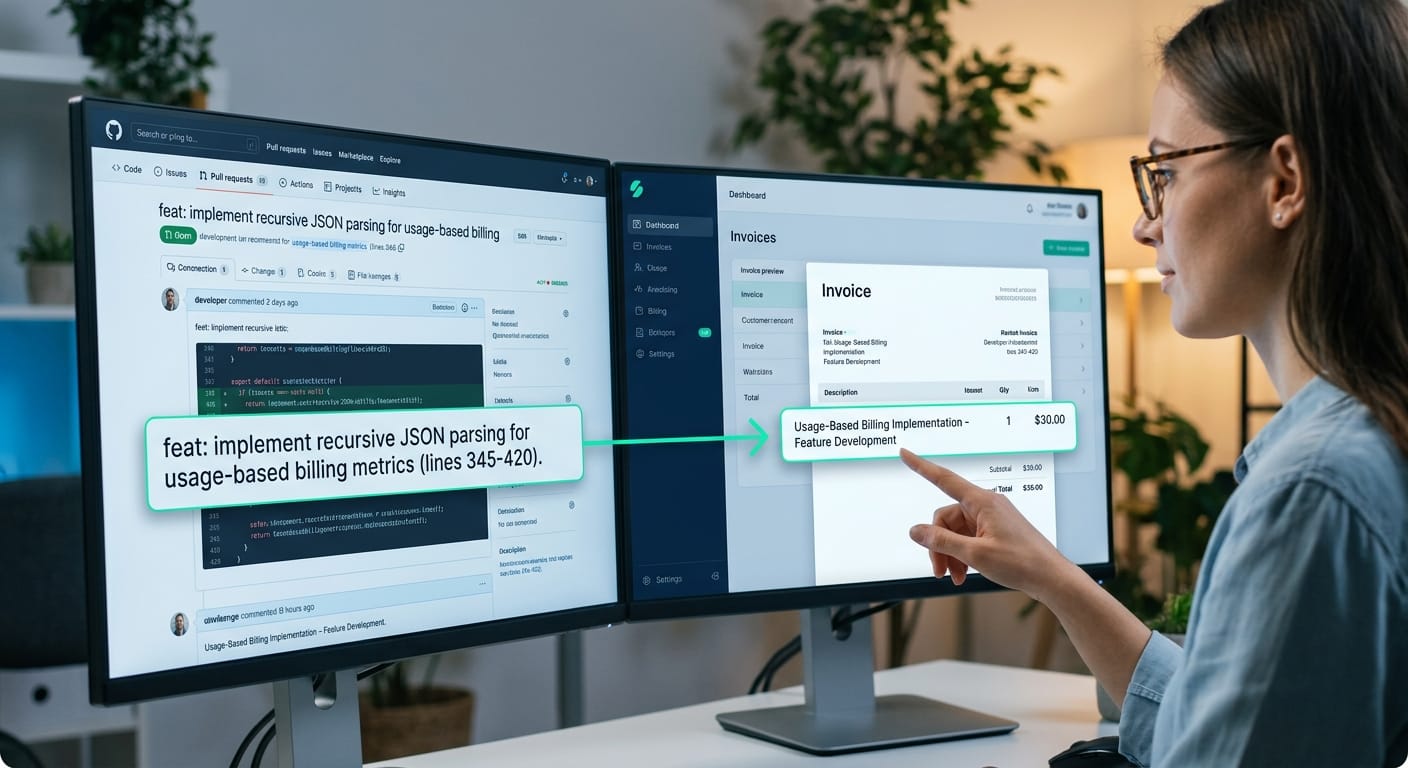 The diffbill interface showing a highly technical GitHub pull request description being automatically rewritten into a clean, professional Stripe invoice line item.