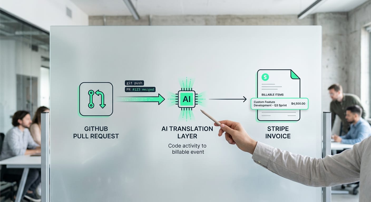A flowchart diagram showing data moving from a GitHub pull request, through an AI translation layer, and terminating as a polished line item in a Stripe invoice.