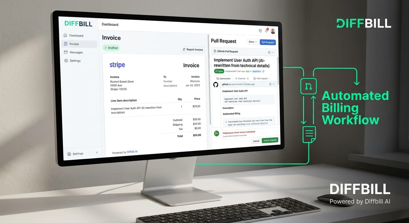 The Diffbill dashboard UI displaying a seamlessly drafted Stripe invoice next to its corresponding GitHub pull request source, showcasing the AI-rewritten description.