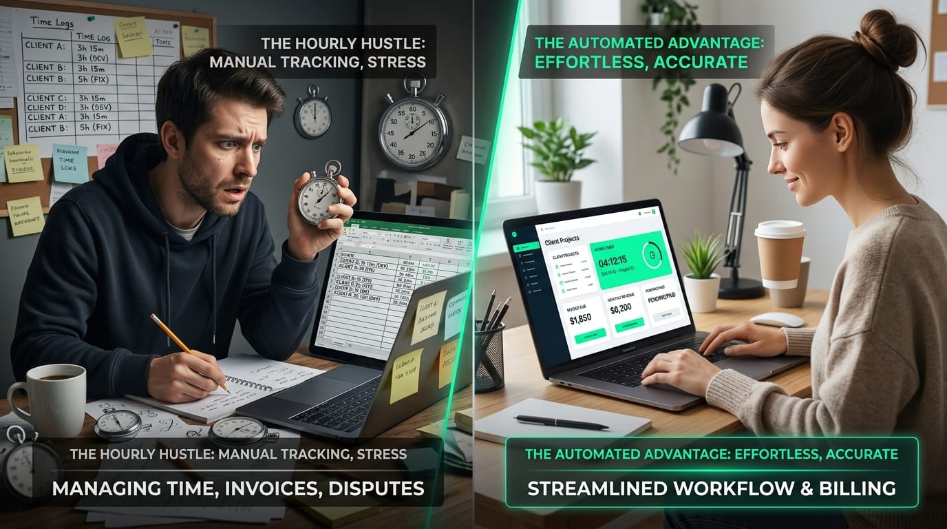 A conceptual split-screen graphic showing a stressed developer managing manual stopwatch timers on the left, compared to a streamlined, automated billing dashboard on the right.