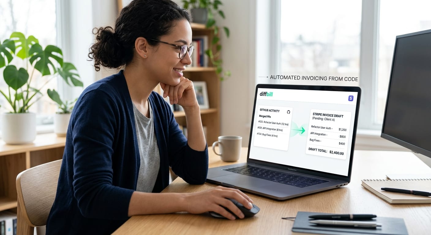 The diffbill dashboard clearly showing multiple merged GitHub pull requests automatically transformed into polished, client-facing line items on a Stripe invoice draft.