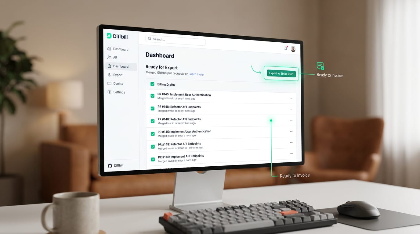 UI screenshot of the diffbill dashboard showing a list of merged GitHub pull requests checked off and ready to be exported as a Stripe draft.