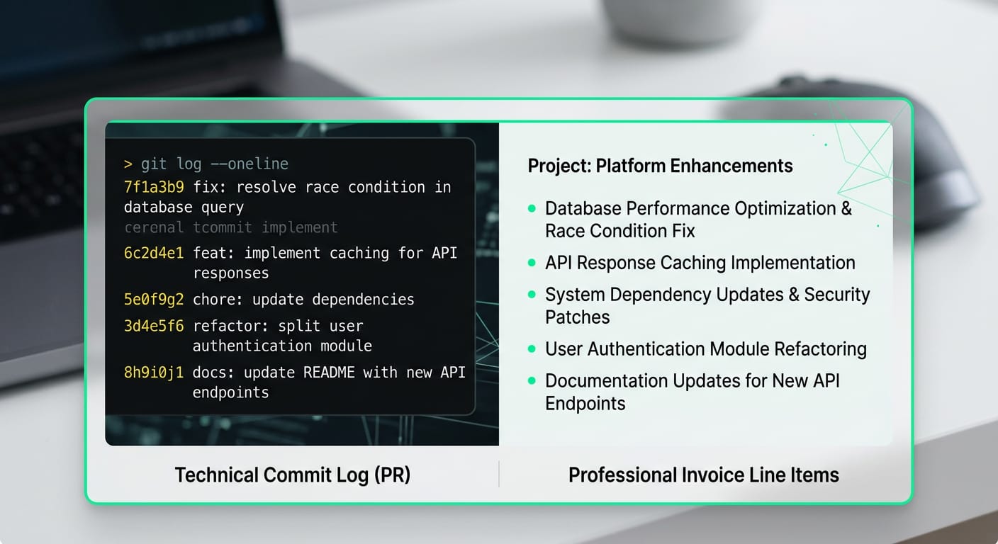 A visual comparison card showing a messy, technical git commit log on the left, next to a clean, professionally rewritten invoice line item on the right.