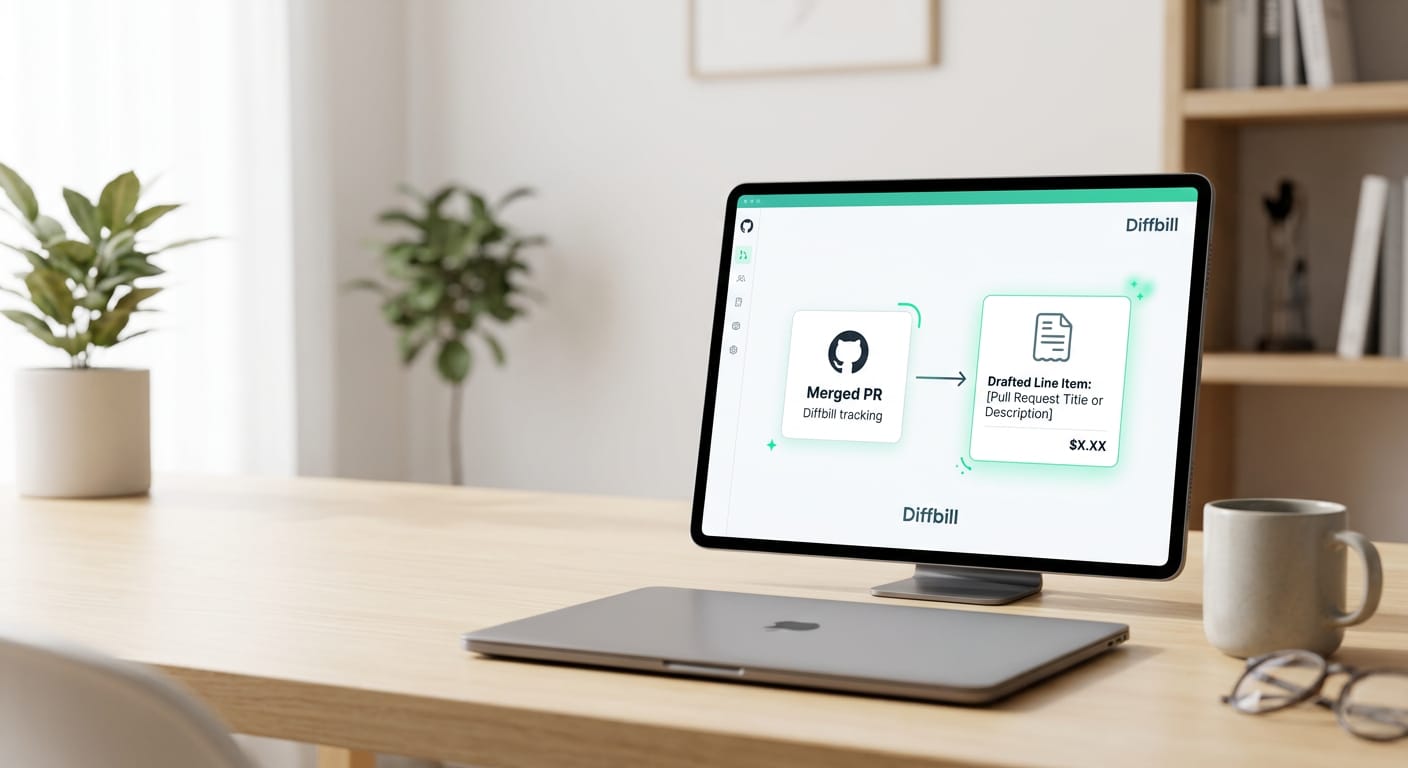 A flowchart or UI diagram showing a merged GitHub PR seamlessly translating into a drafted invoice line item in the Diffbill dashboard.