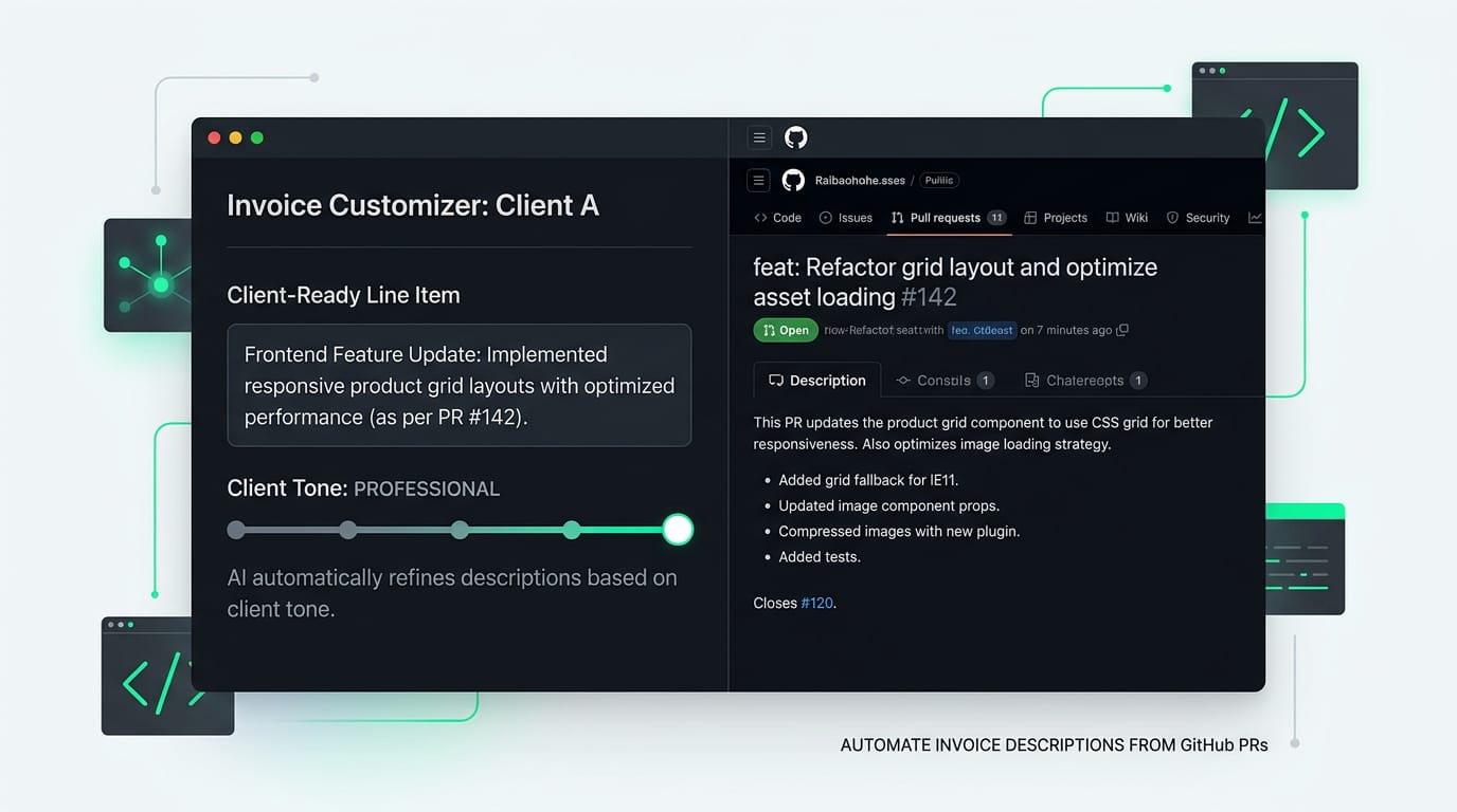 A split-screen screenshot showing the per-client tone slider or AI output next to the original raw GitHub PR description.