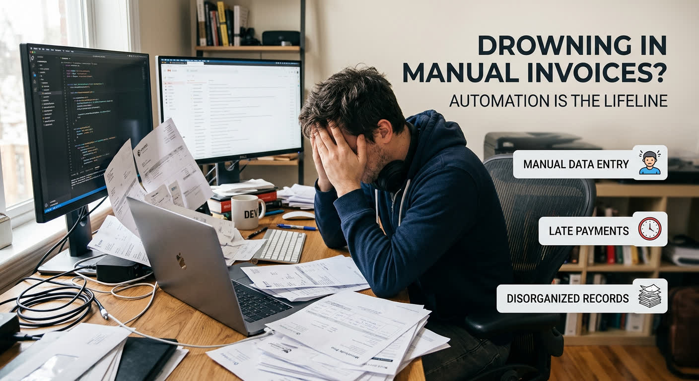 Developer at a desk surrounded by stacked paper invoices and a laptop showing a spreadsheet.