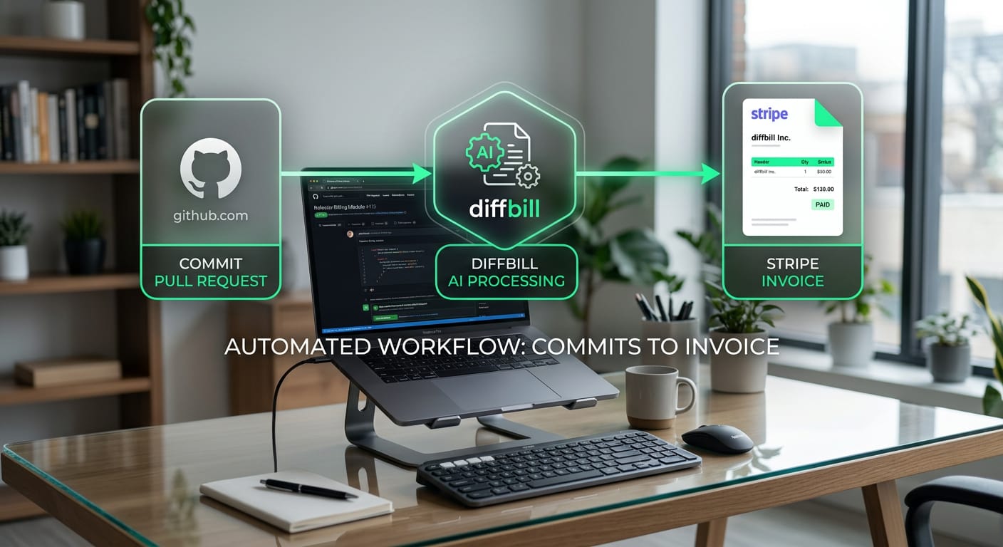 A clean workflow diagram showing a GitHub pull request icon automatically flowing into a diffbill AI processing node, successfully creating a branded Stripe invoice.