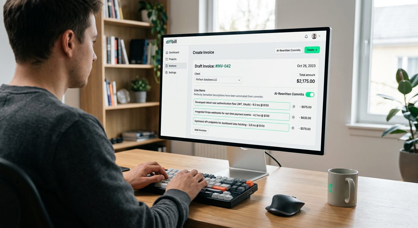 A screenshot of the diffbill dashboard showcasing a sleek, keyboard-first interface drafting a Stripe invoice with perfectly formatted, AI-rewritten line items.