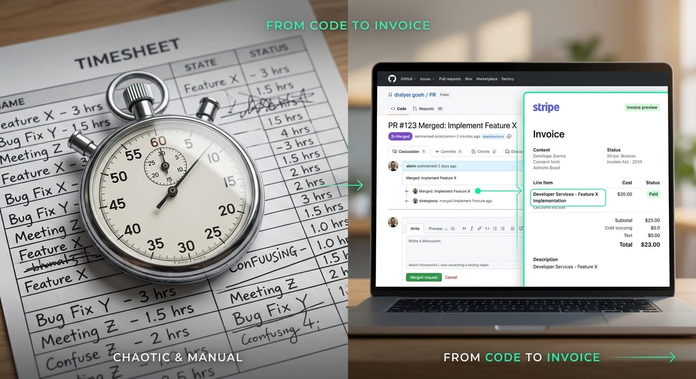 A side-by-side graphic showing a ticking stopwatch over a chaotic timesheet on the left, next to a clean merged GitHub pull request seamlessly mapping to a Stripe invoice on the right.