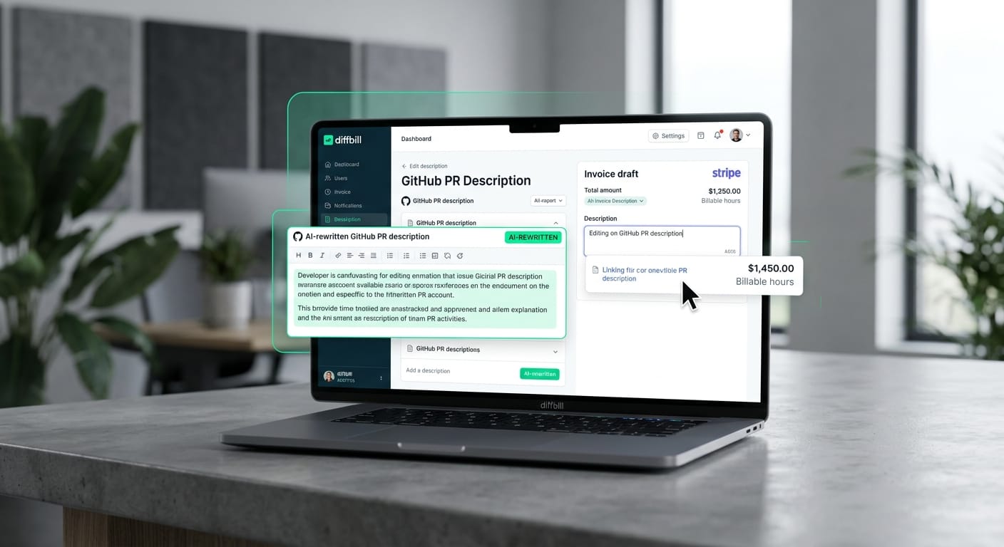 A clean screenshot of the diffbill dashboard showing an AI-rewritten GitHub PR description being edited inside a professional Stripe invoice draft.