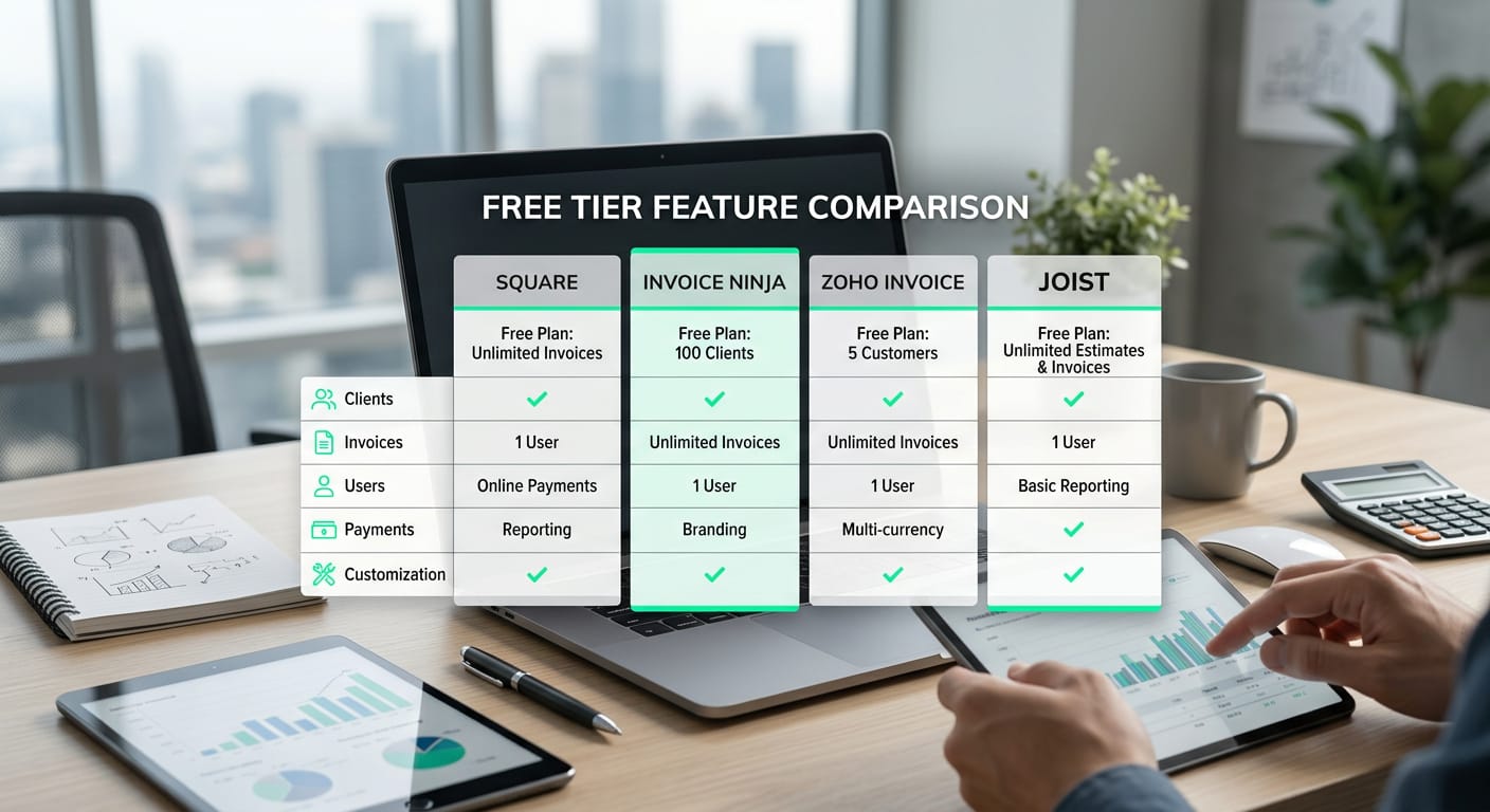 A clean 4-column feature comparison graphic of Square, Invoice Ninja, Zoho, and Joist highlighting their free tier limits.