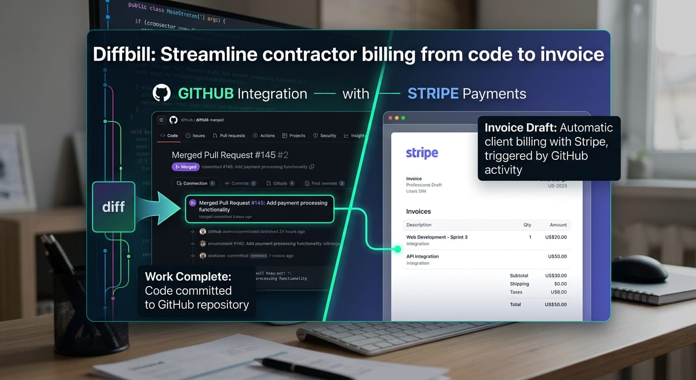A split-screen graphic showing a merged GitHub pull request on the left mapping automatically to a professional Stripe invoice draft on the right within Diffbill.