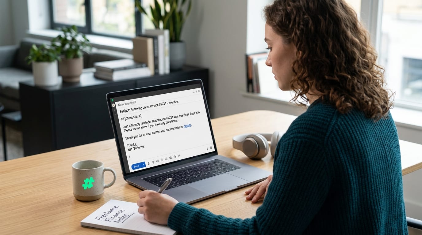 A professional, polite email template used by a freelance developer to follow up on a net-30 invoice that is three days overdue.