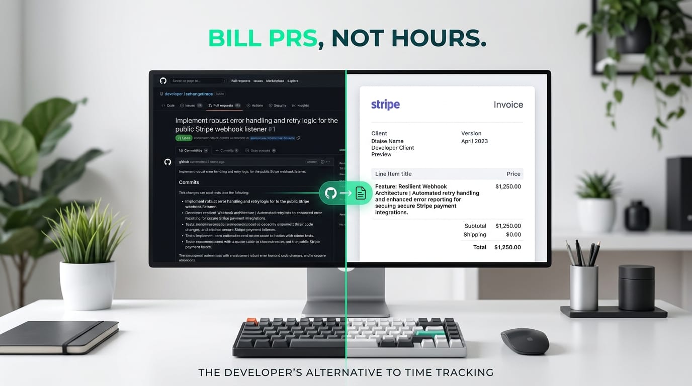 A split-screen visual showing a highly technical GitHub PR description on the left and the resulting polished, AI-rewritten Stripe invoice line item on the right.