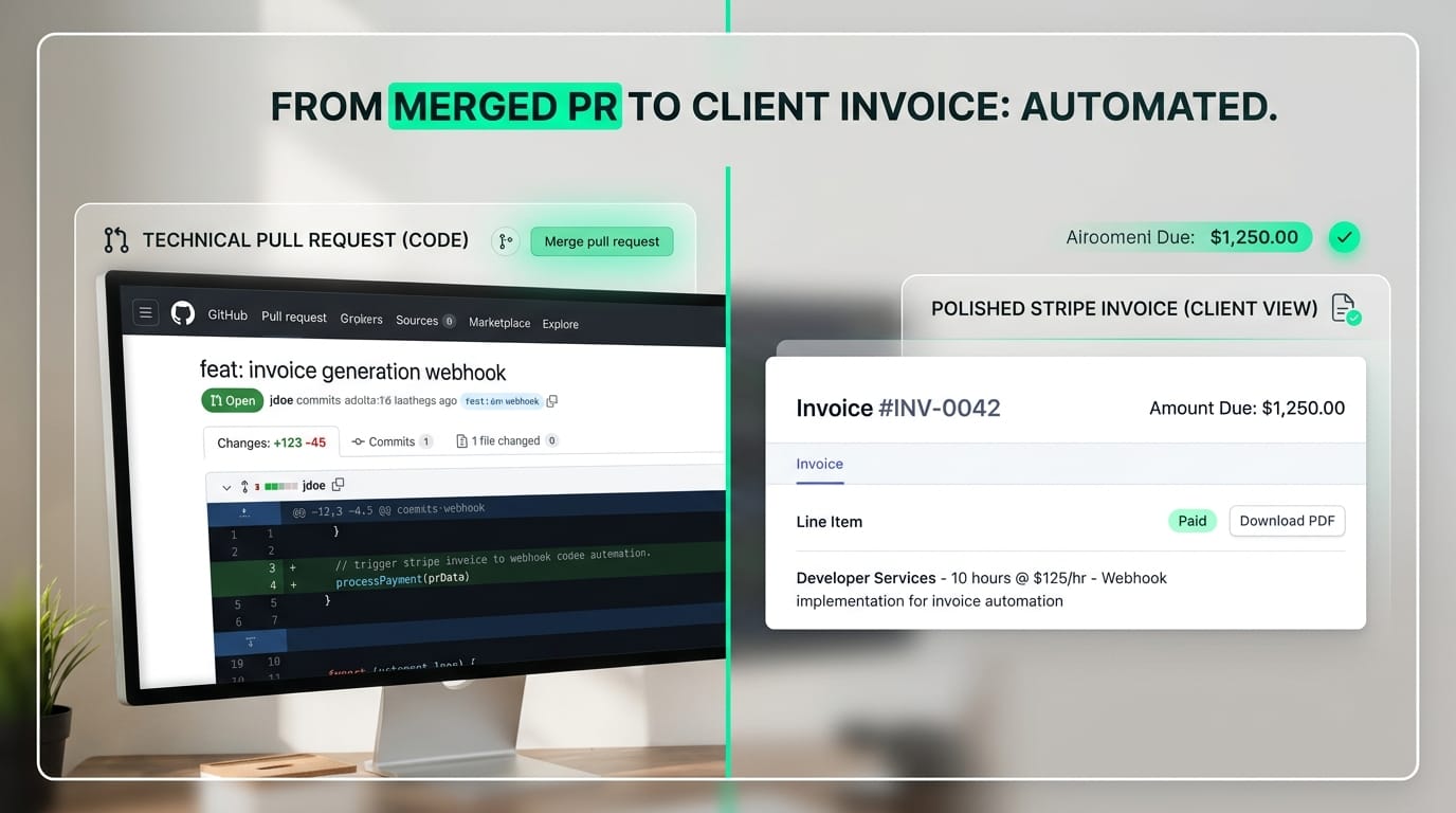 A split-screen graphic showing a technical GitHub pull request on the left and a polished, professional Stripe invoice line item on the right.
