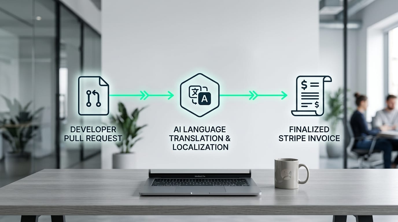 A process diagram showing a GitHub pull request icon automatically flowing through an AI translation block and ending up as a finalized Stripe invoice.