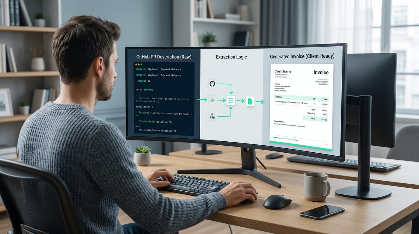 Embedded UI sequence showing the raw technical PR description extracting into a beautifully formatted, client-ready invoice line item.