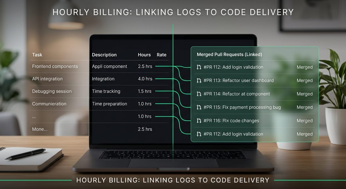 A split view showing a standard time-tracking log next to a highly transparent list of merged GitHub pull requests.