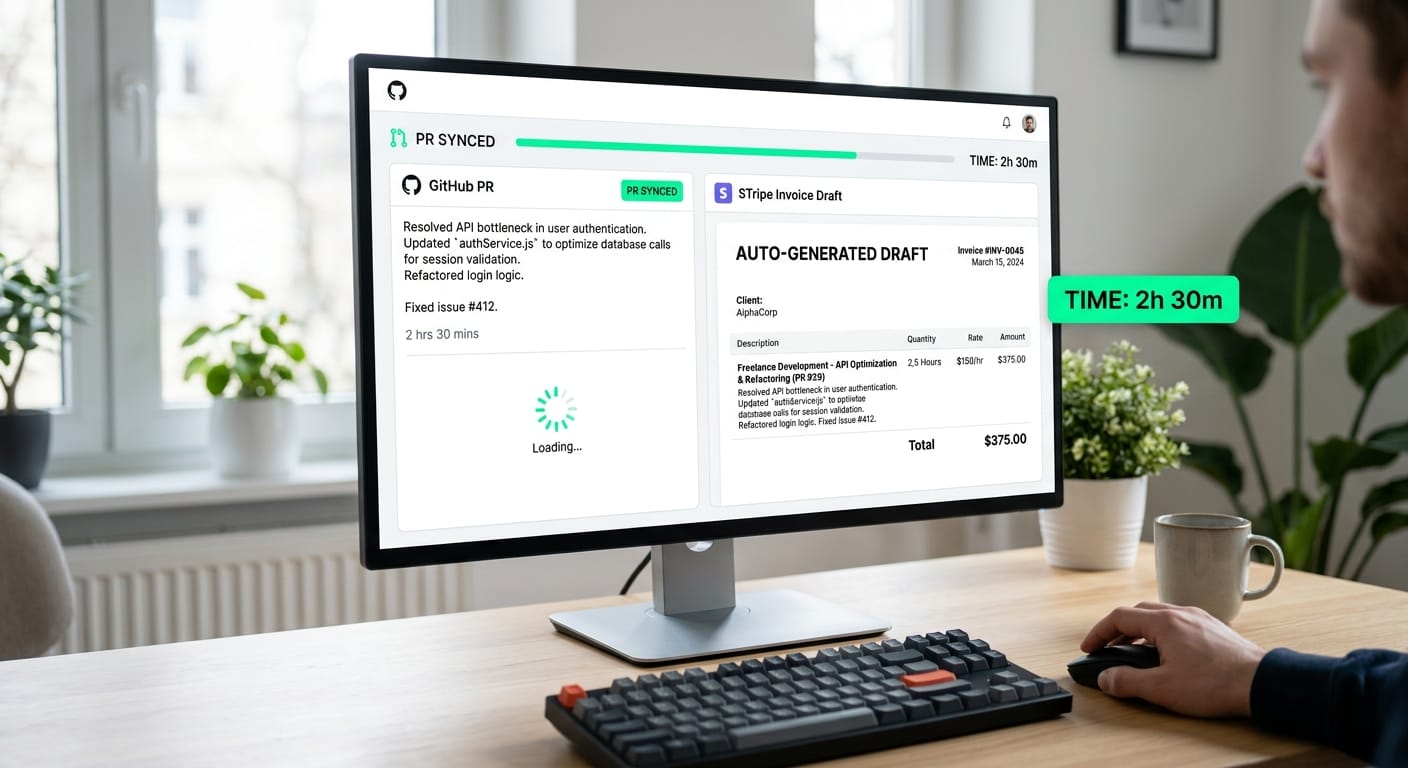 A dashboard interface showing an AI automatically rewriting a raw GitHub pull request description into a clean, professional Stripe invoice draft.