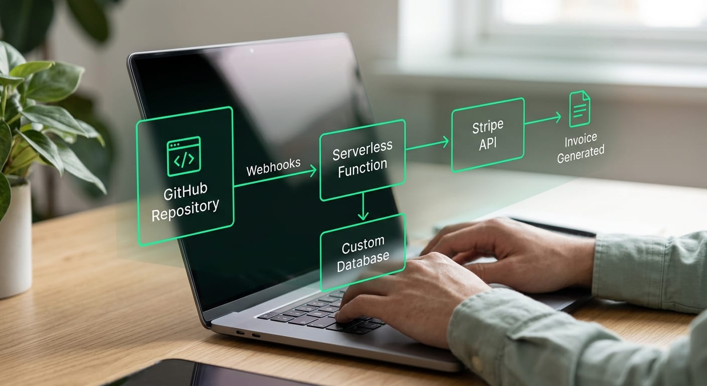 A high-level system architecture diagram showing a code repository (GitHub) feeding webhooks into a custom database, processed by a serverless function, and outputting to the Stripe API.