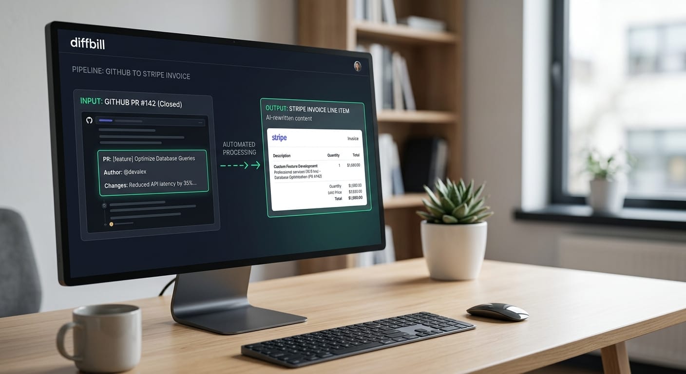 The diffbill dashboard demonstrating the automated pipeline: a GitHub pull request on the left transformed into a polished, AI-rewritten Stripe invoice line item on the right.