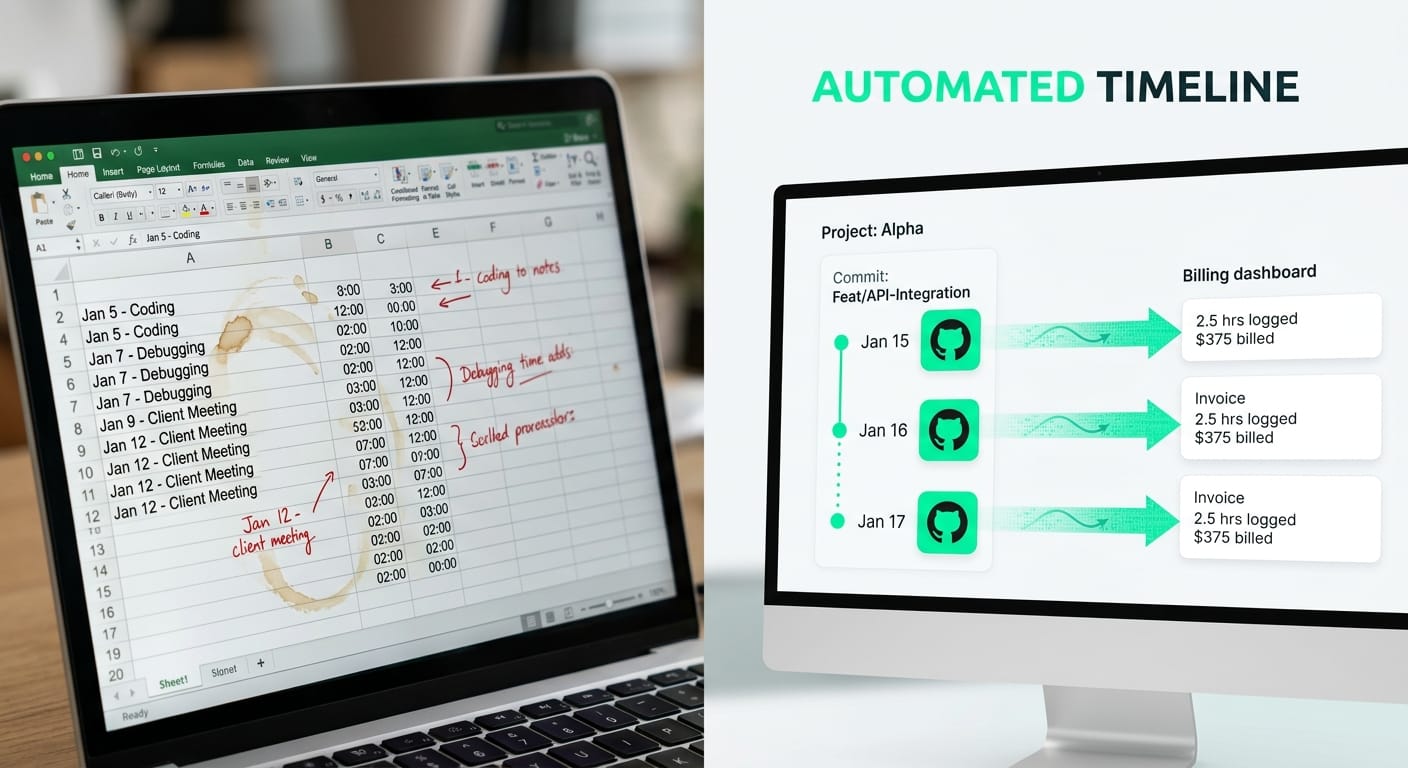 A visual split-screen comparing a messy spreadsheet of manual time entries against a clean, automated timeline showing code pushed to GitHub automatically syncing to a billing dashboard.