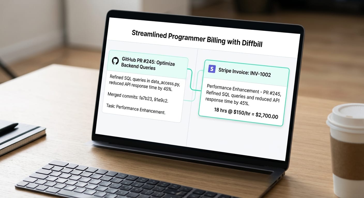 A clean UI screenshot of Diffbill's dashboard demonstrating a heavily technical GitHub PR description on the left seamlessly mapped to a polished, professional Stripe invoice line item on the right.
