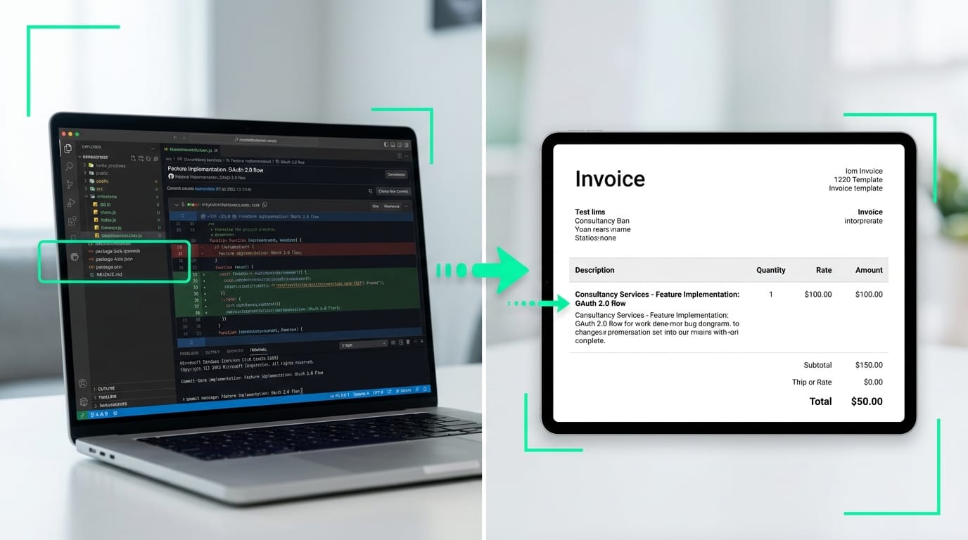A split-screen flowchart showing a complex GitHub code diff on the left, and a clean, professional Stripe invoice line item on the right.