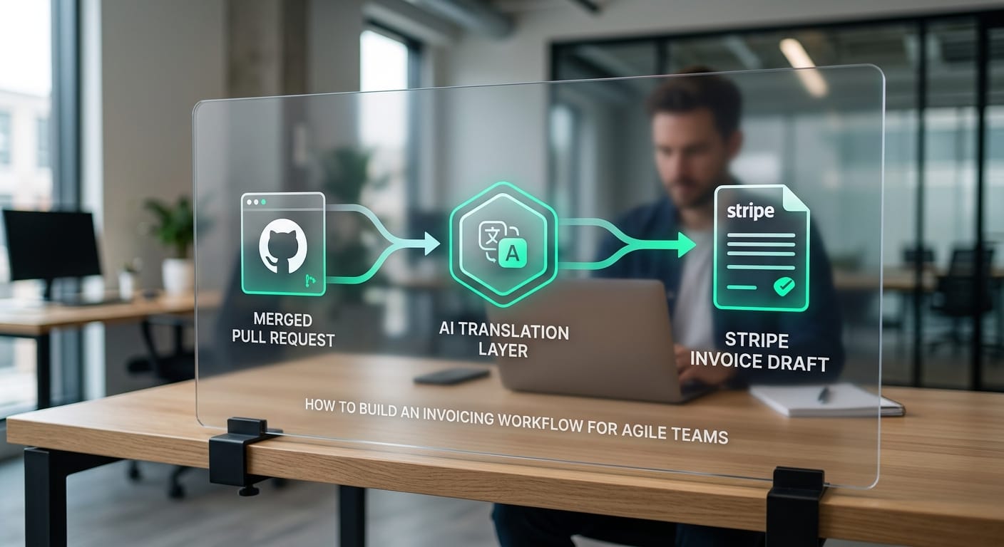 A visual diagram showing a merged GitHub pull request flowing through an AI translation layer and turning into a finalized Stripe invoice draft.