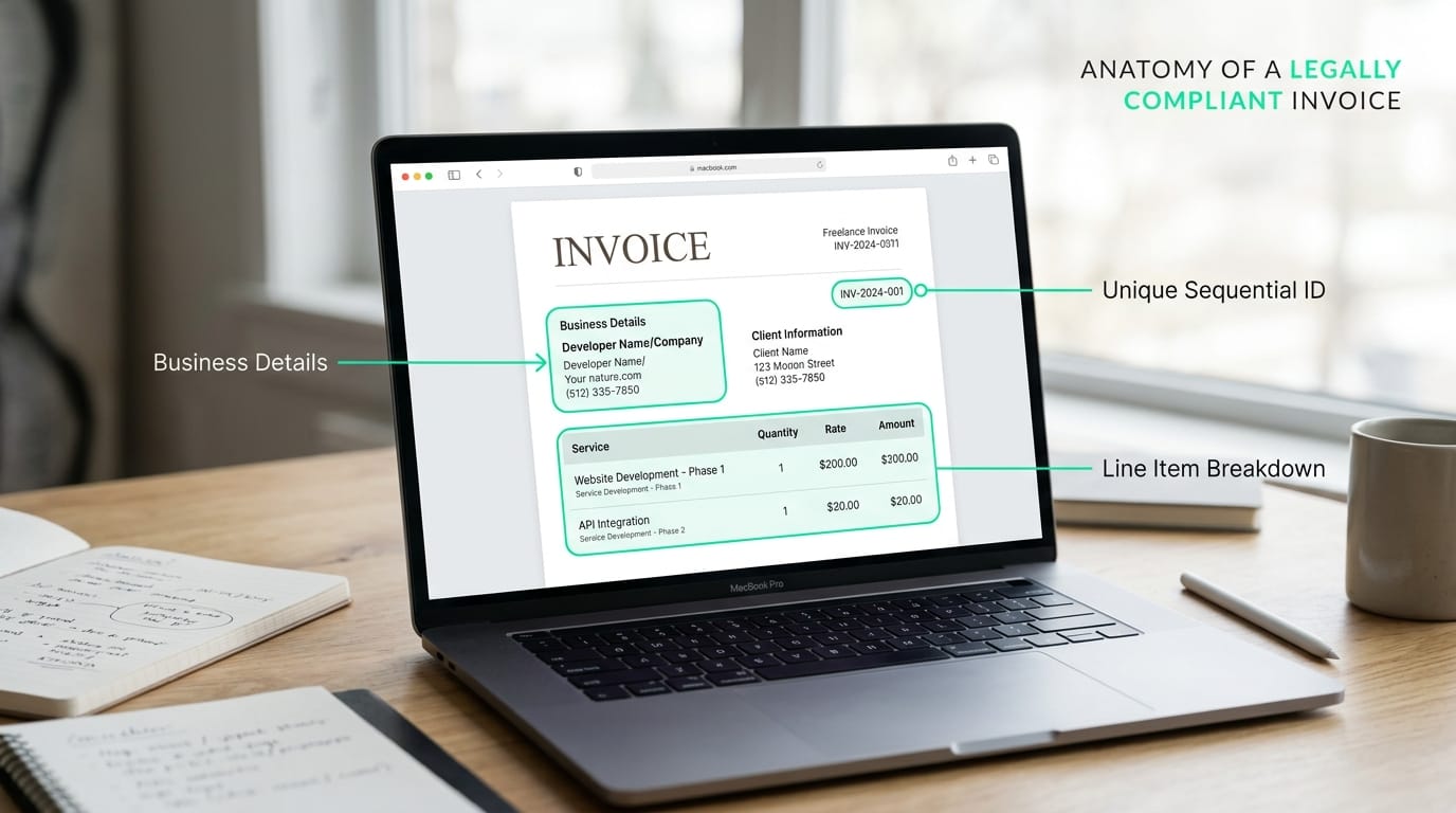 Anatomy of a legally compliant freelance developer invoice, highlighting business details, unique sequential ID, and line item breakdowns in a clean visual.
