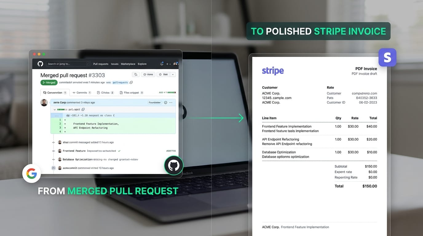 A split-screen visual showing a merged GitHub pull request seamlessly converting into a polished, itemized Stripe PDF draft.