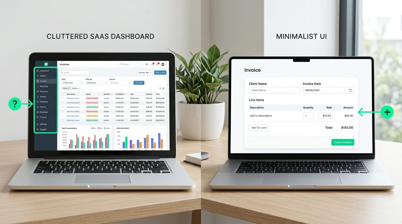 A side-by-side visual comparing a cluttered SaaS dashboard with 12 navigation items against a clean, minimalist UI focusing purely on invoice line items.