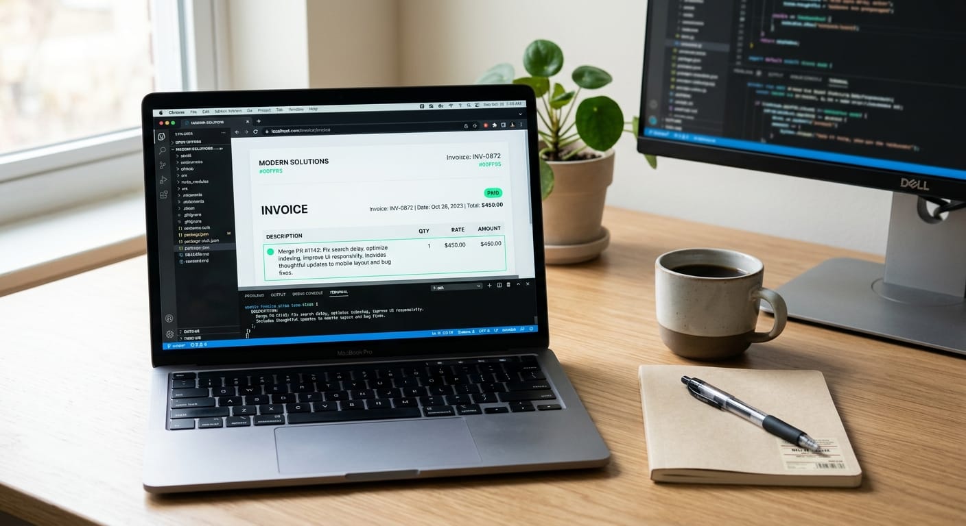 Screenshot showing a merged GitHub PR automatically translating into a clean Stripe invoice line item with humanized descriptions.