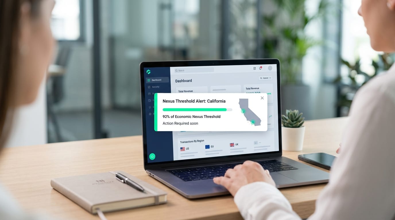 A conceptual dashboard UI showing an alert that a new regional economic nexus threshold is approaching, utilizing progress bars and simple map graphics.
