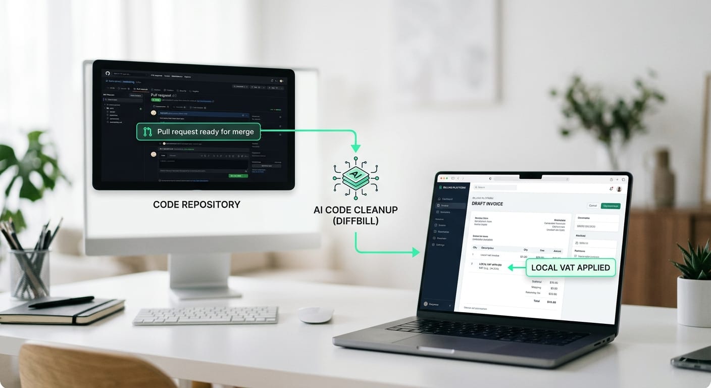 A flowchart graphic showing a GitHub pull request merging, passing through Diffbill for AI cleanup, and landing in a Stripe draft invoice where a local VAT tax rate is automatically applied.