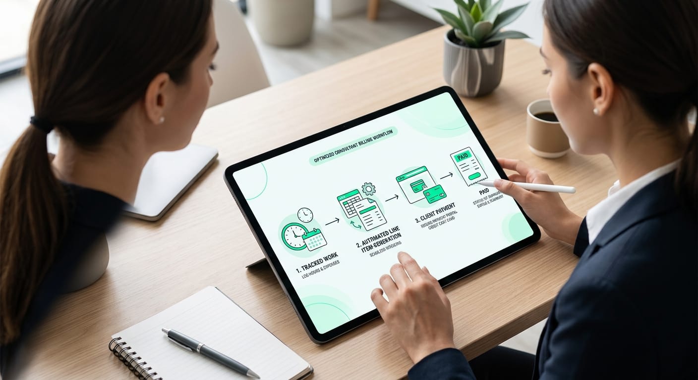 A flowchart diagram showing the ideal consultant billing workflow: tracked work -> automated line item generation -> client payment.