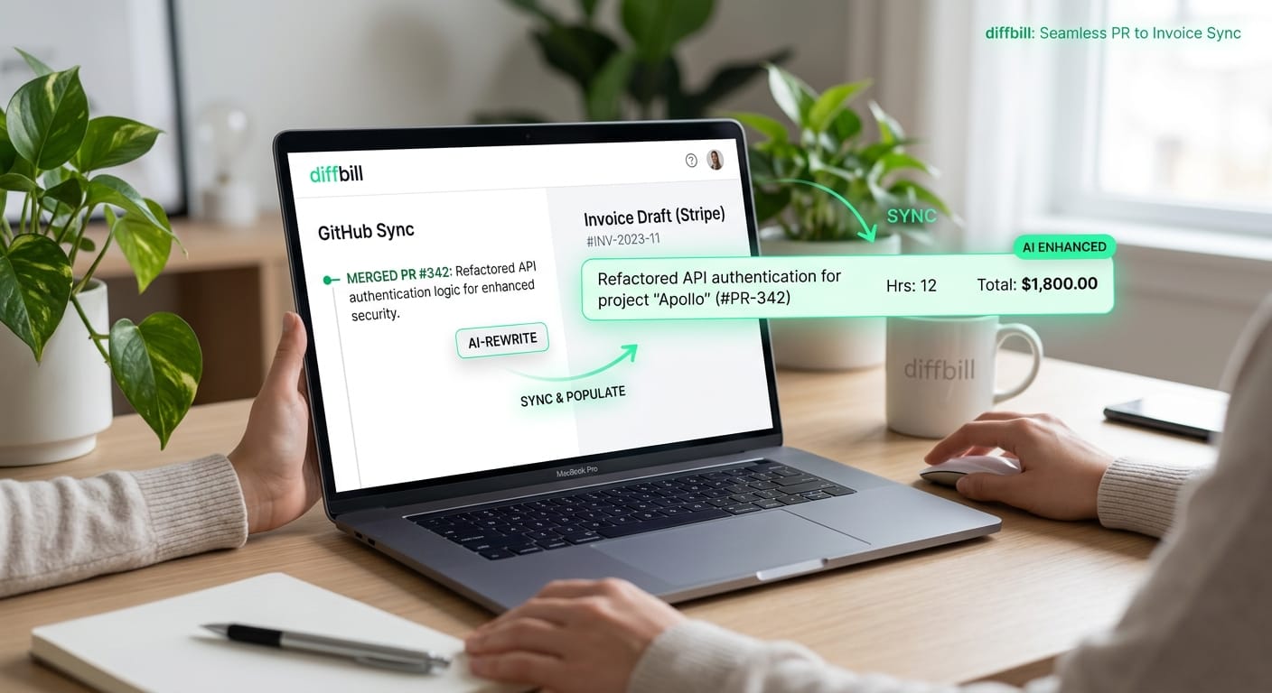 The diffbill dashboard highlighting an AI-rewritten GitHub PR line item seamlessly populating a Stripe invoice draft.