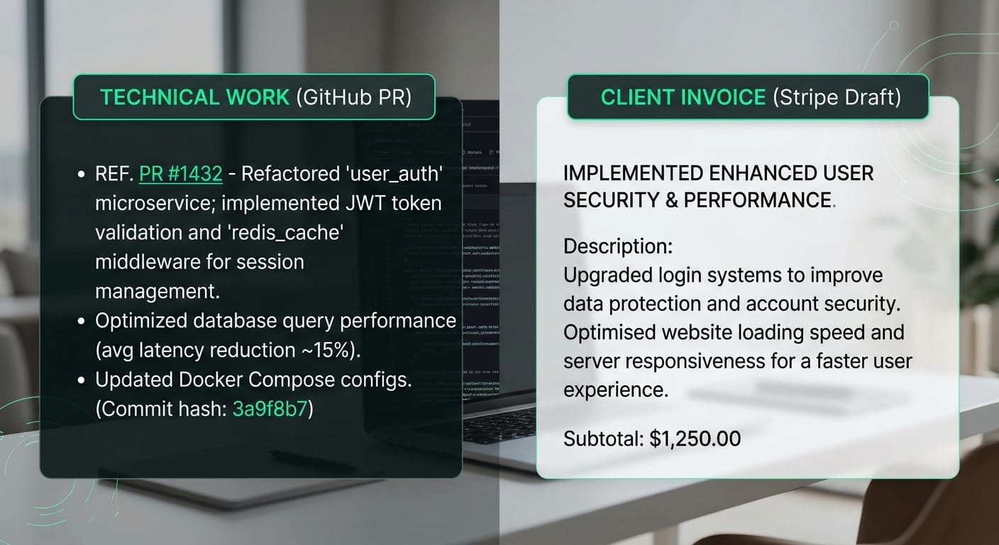 A split-screen visualization showing a highly technical GitHub pull request description on the left, and its AI-translated, client-friendly Stripe invoice line draft on the right.