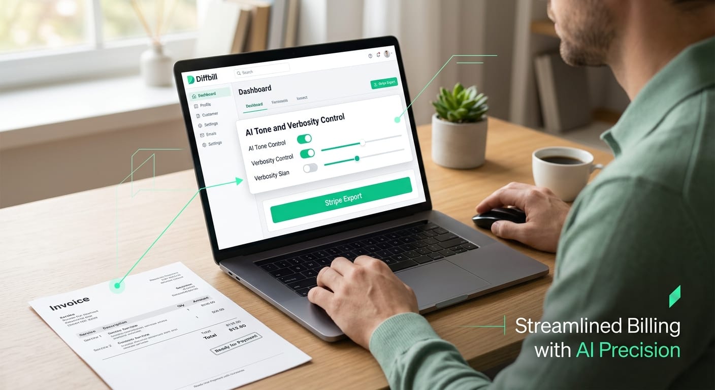 The Diffbill dashboard highlighting the AI tone and verbosity control settings, along with a polished invoice ready for Stripe export.